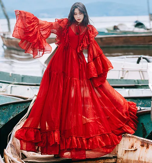 HAMALIEL богемное праздничное красное платье макси, летнее женское шифоновое платье с оборками и расклешенными рукавами, длинное пляжное платье, винтажное тонкое большое свободное платье - Цвет: Красный