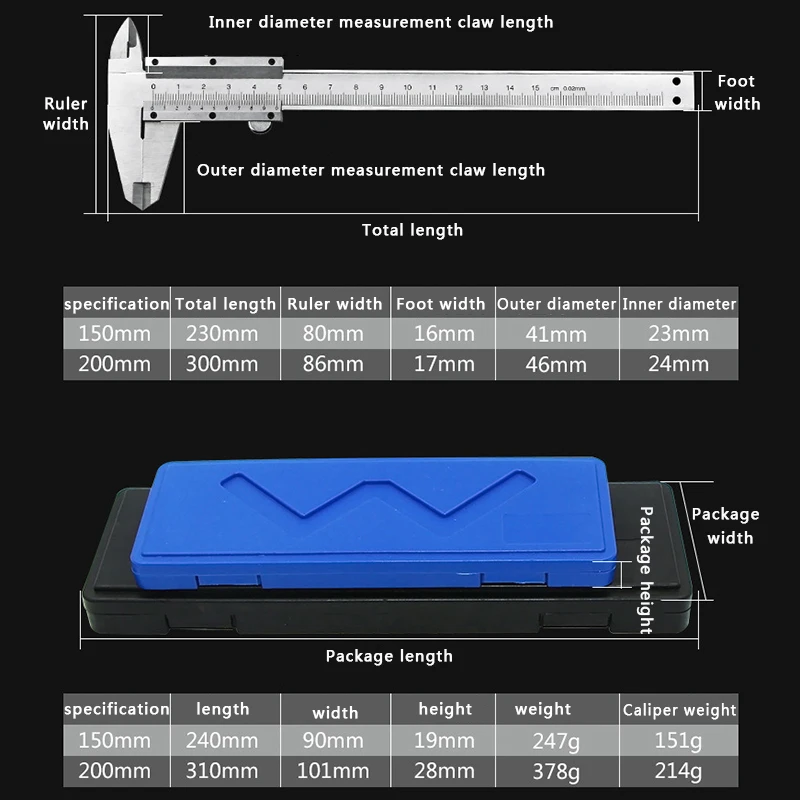Штангенциркуль 0-150 мм 200 мм 0,02 мм Металлические Штангенциркули Калибр серый микрометр измерительные инструменты штангенциркуль Инструмент Линейка