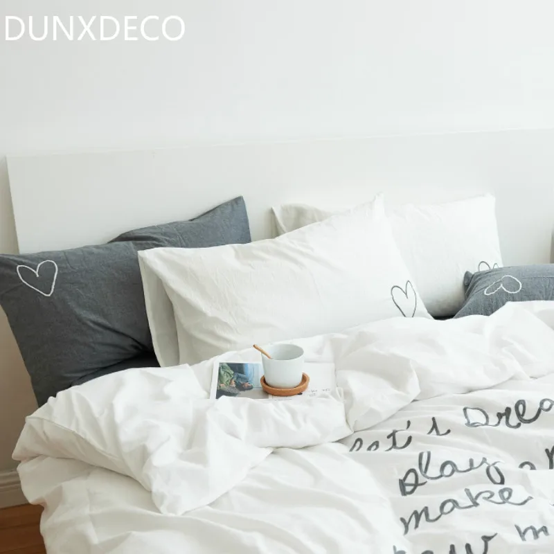

DUNXDECO Bedding Pillow Cover Cushion Cover 48x74CM Modern Simple Plain Color Cotton Heart Embroidery Decorative Pillow Case