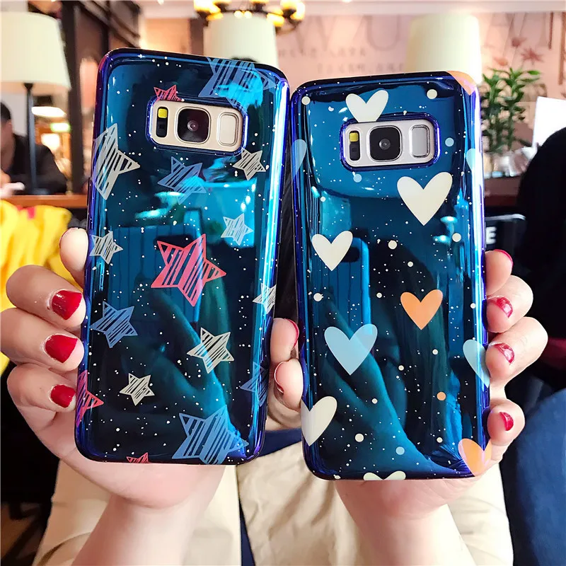 

Laser Silicone Back Case For Samsung Galaxy s7edge S8 Plus S8+ S9+ Plus Note 8 note8 Glossy Blue Light Starry Moon Cover Heart