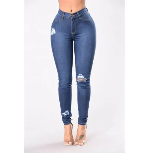 Модные повседневные женские с высокой талией обтягивающие рваные джинсовые узкие брюки джинсовые брюки-карандаш синий