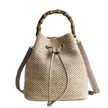 

New Drawstring Women's Straw Bucket Bag Summer Woven Shoulder Bags Shopping Purse Beach Handbag Straw Handbags Travel Bag Tote