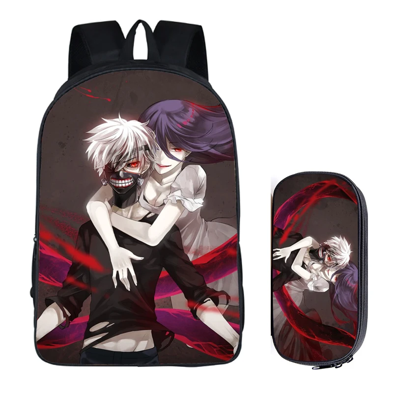 Japanese Anime Tokyo Ghoul 2PC Set with Pencil Case Student Backpacks DIY Printing Cool School Bags For Boys Kids Book Men Bag