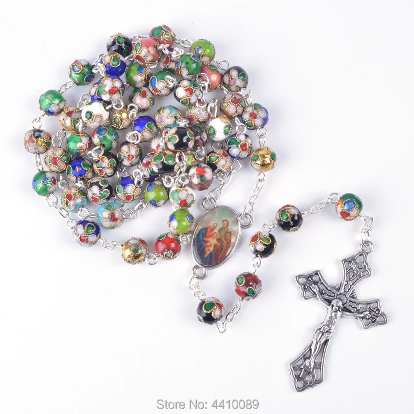 Модные Круглый разных цветов Бусины клуазоне Святого семья католические четки ожерелье