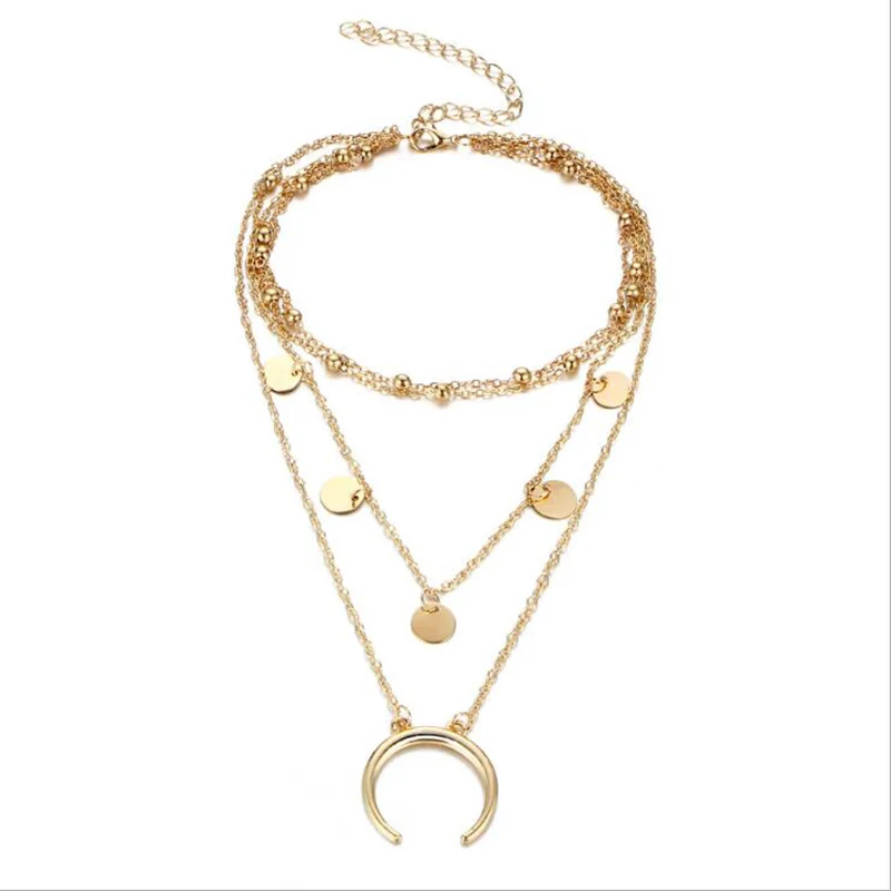 

Fashion Bohemian Jewelry 4 Multi Layer Gold Silver Color Choker Curved Moon Pendant Charm Necklaces For Women Girls Maxi Colar