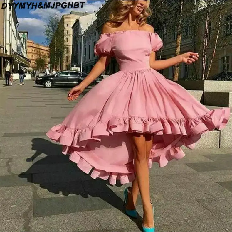 Water Melon Prom Dresses Of the Shoulder Puffy Short Sleeves Tea Length Ruffle Trimming Party Dresses_