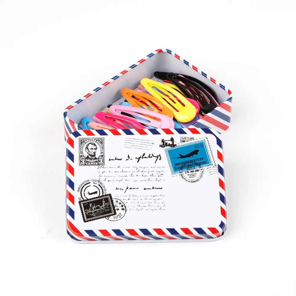 

24pcs/box Candy Color Dripping Oil Iron safety Hair Clip for children Hair Ornament Accessories Random pattern tin box packaging
