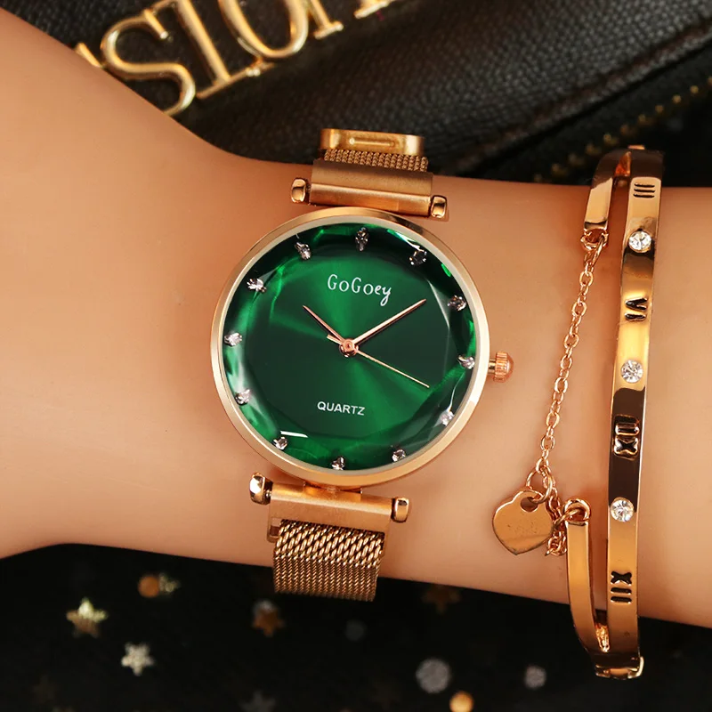 

Gogoey Brand Watches Luxury Watches Women Rose Gold Stainless Steel Bracelet Watch Magnetic Watches Green Dial Zegarek Damski