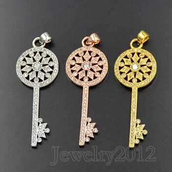 

10PCS/Lot Zircon Key Gem Stone Micro Pave Charm Pendant Necklace Silver Gold Roes Gold Wholesale Lot 46x17mm