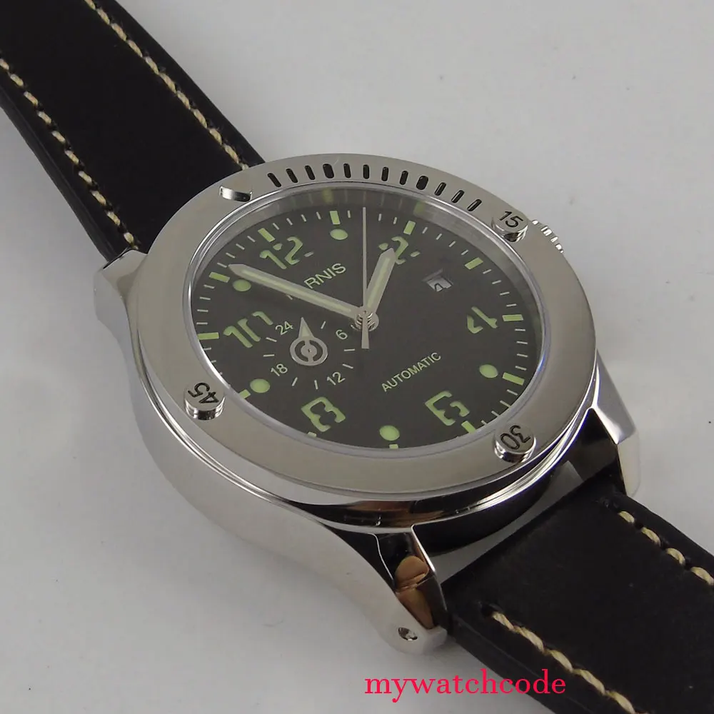 Роскошные Брендовые мужские автоматические часы Parnis 43 мм с черным циферблатом, суперлюминесцентная Дата 821A, автоматические механические мужские часы, наручные часы