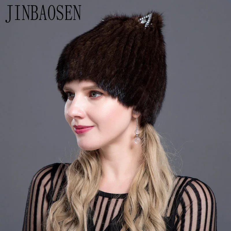 JINBAOSEN, русская Лыжная шапка, шапка из меха норки, шапка из меха лисы в сочетании с мехом, вязаный шерстяной комплект, зимняя женская меховая модная шапка