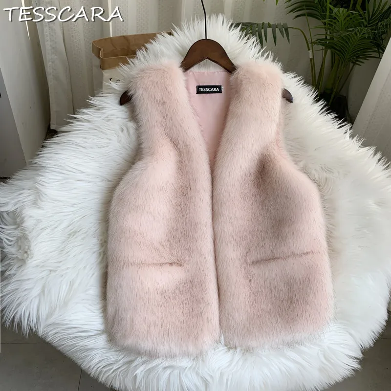 TESSCARA осень и зима женская пушистая шуба из искусственного меха жилет женский высокого качества искусственная теплая верхняя одежда и пальто размера плюс S-3XL - Цвет: Pink