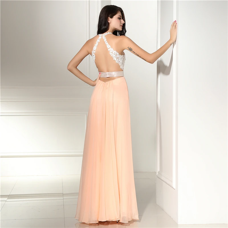 Backless Lace Evening Dresses Long 2018 A-Line V Neck Beaded Champagne High Split Prom Dress Women Formal Prom Evening Gowns