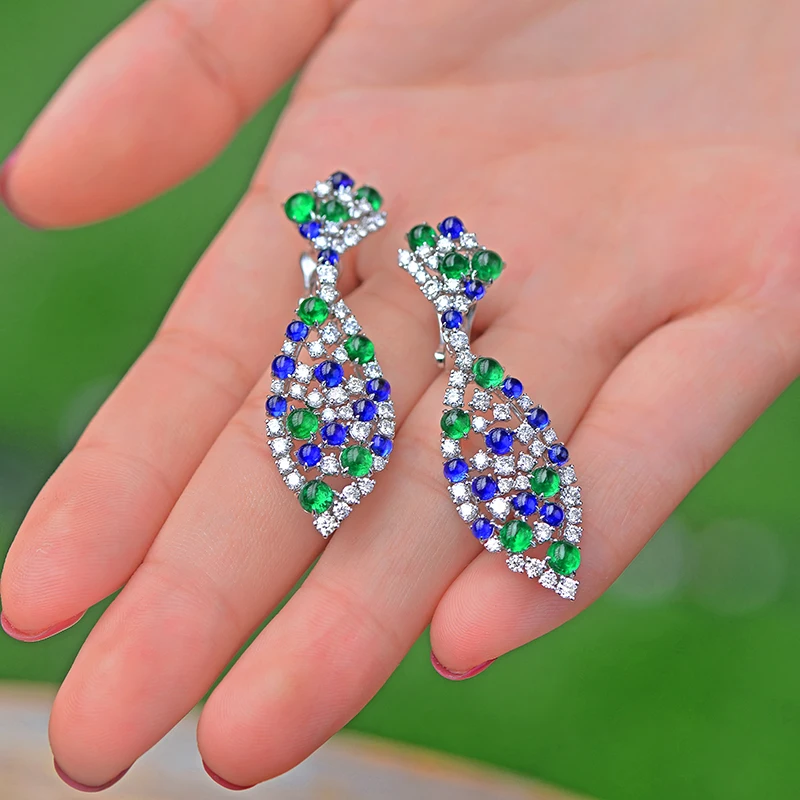 CAIMAO Natural 9.28ctw Cabochon Round Sapphires Emeralds and Diamonds Earrings 18kt Gold Retro English Lock For Women