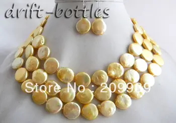 

huij 002148 A 48'' 11mm Golden Coin Freshwater Pearl Necklace Earring Set