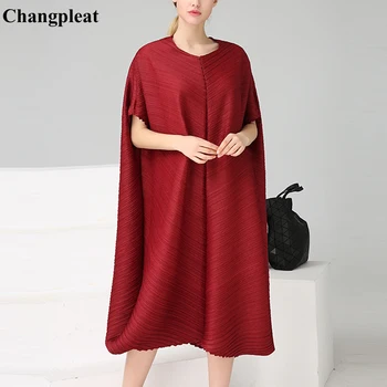 

Changpleat 2019 Summer New Loose Dress Miyak Pleated Fashion Design Solid Bat sleeve Large Size O-neck Belt Female Dresses Tide