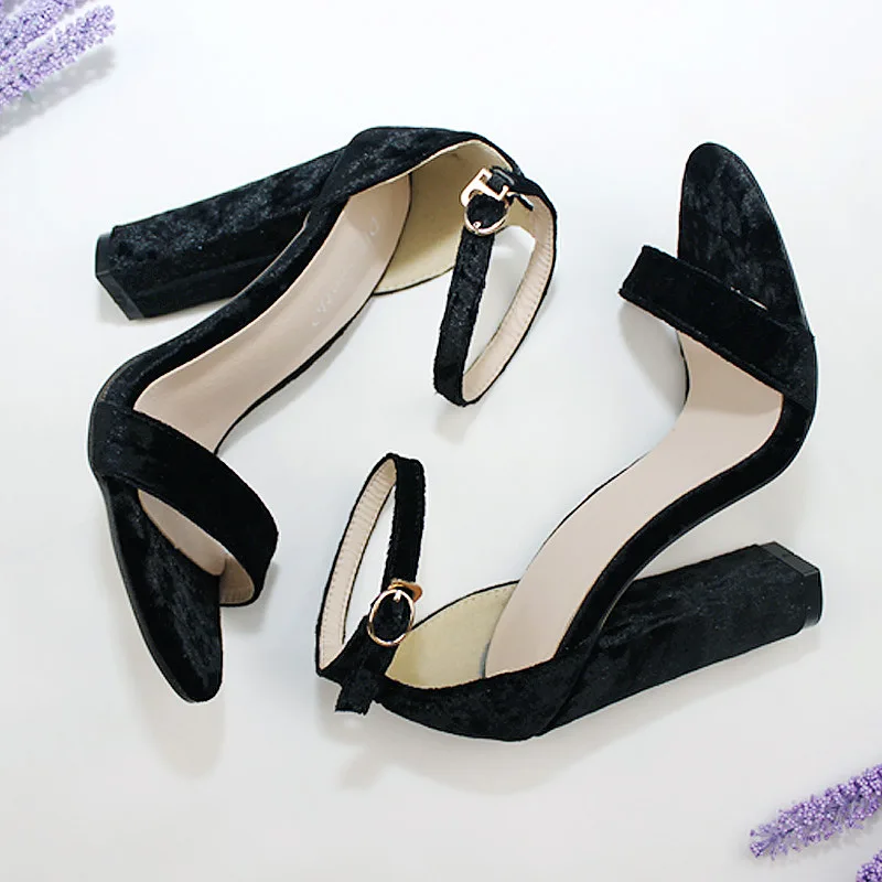 

POADISFOO 2019 Top Sale Sandals Sandals Velvet Mouth Rough heel Simple Word Strip High heels 43 Size Women's Shoes ZL-300-8