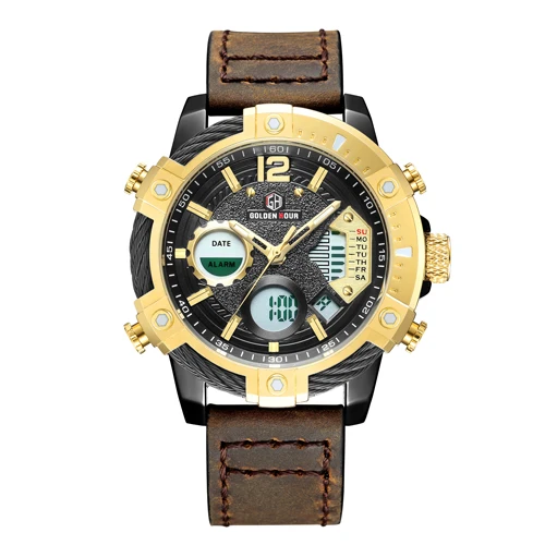 GOLDENHOUR мужские часы Топ люксовый бренд мужские военные спортивные часы кожа кварцевые наручные часы водонепроницаемый светодиодный цифровые мужские часы - Цвет: Brown Gold Gold