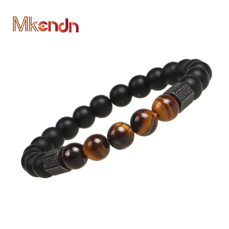 

MKENDN Luxury Gold Cubic Zirconia Geometric Hexagon Brass Beads Bracelets Men Tiger Eye Stone Bracelet Pulseira Masculina