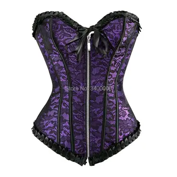 

women's overbust corsets with zipper front lingerie basque satin flower print bustier top vintage korsett exotic style plus size