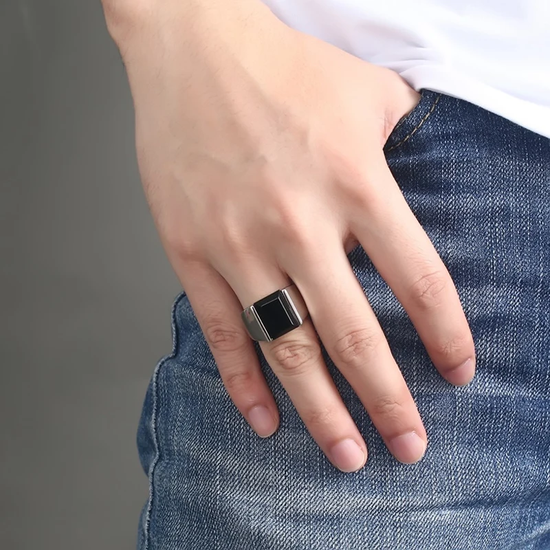Meaeguet Vintage Black Onyx Stone Rings Gold-color Stainless Steel Wedding Band Rings For Men Never Fade USA Size 7-12