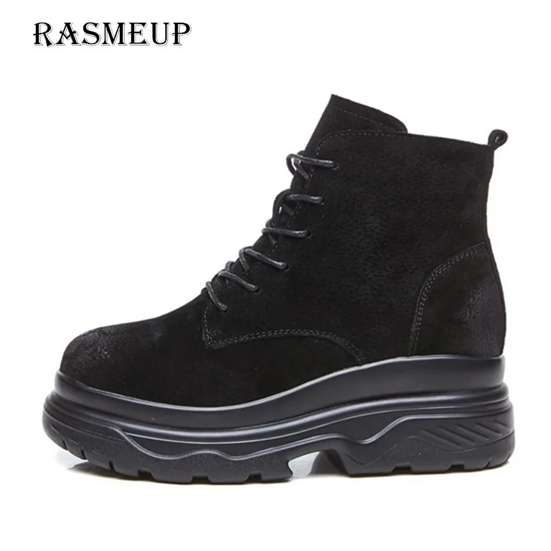 RASMEUP/женские ботильоны из натуральной кожи на платформе; зимние женские зимние ботинки; брендовая теплая плюшевая женская обувь на толстой подошве; Цвет Черный - Цвет: Black