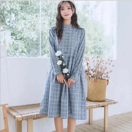 

2019 New Spring Mori Girl Women Sweet Dress Stand Collar Vintage Plaid Loose Dress Long Sleeve Cotton Elegant Korea Dress PV278