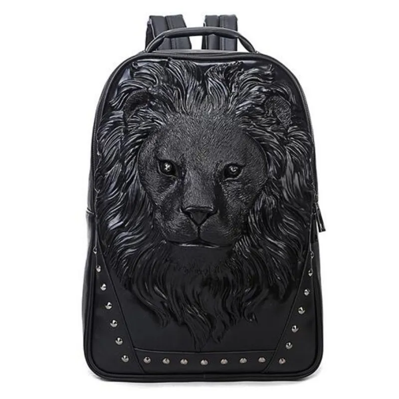 Мужской рюкзак с объемной рельефной головой льва, заклепками и заклепками, женский кожаный мягкий рюкзак для путешествий в стиле панк-рок, школьный рюкзак для ноутбука, сумка для Хэллоуина