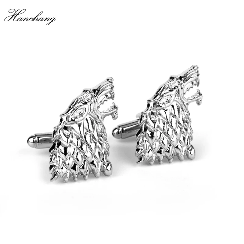 

HANCHANG Movie Game of Thrones Jewelry Stark Wolf Head Cufflinks French Men Shirts CuffLink Wedding Party Luxury Cufflinks Gift