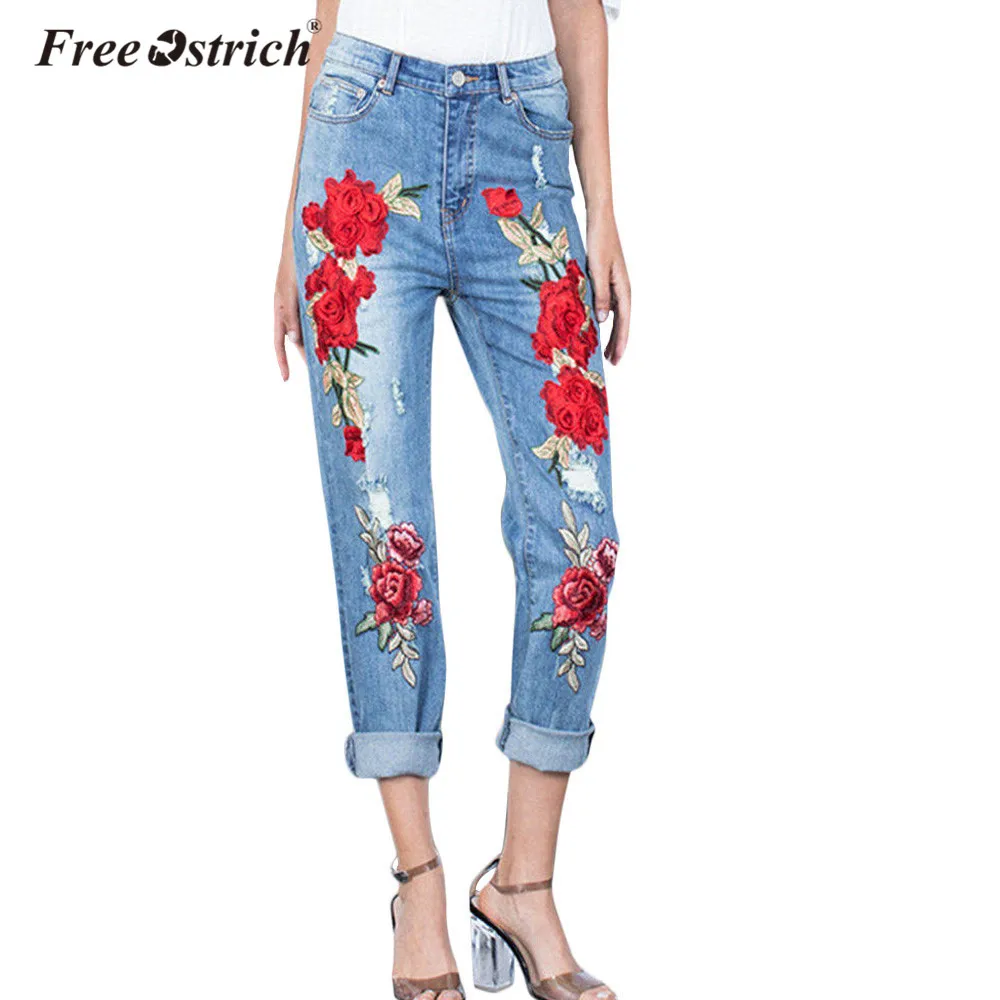 

Free Ostrich Ripped Jeans With Scuffs 3D Embroidery Flowers Woman New Plus Size Stretchy Denim Pants Trousers For Women Jeans