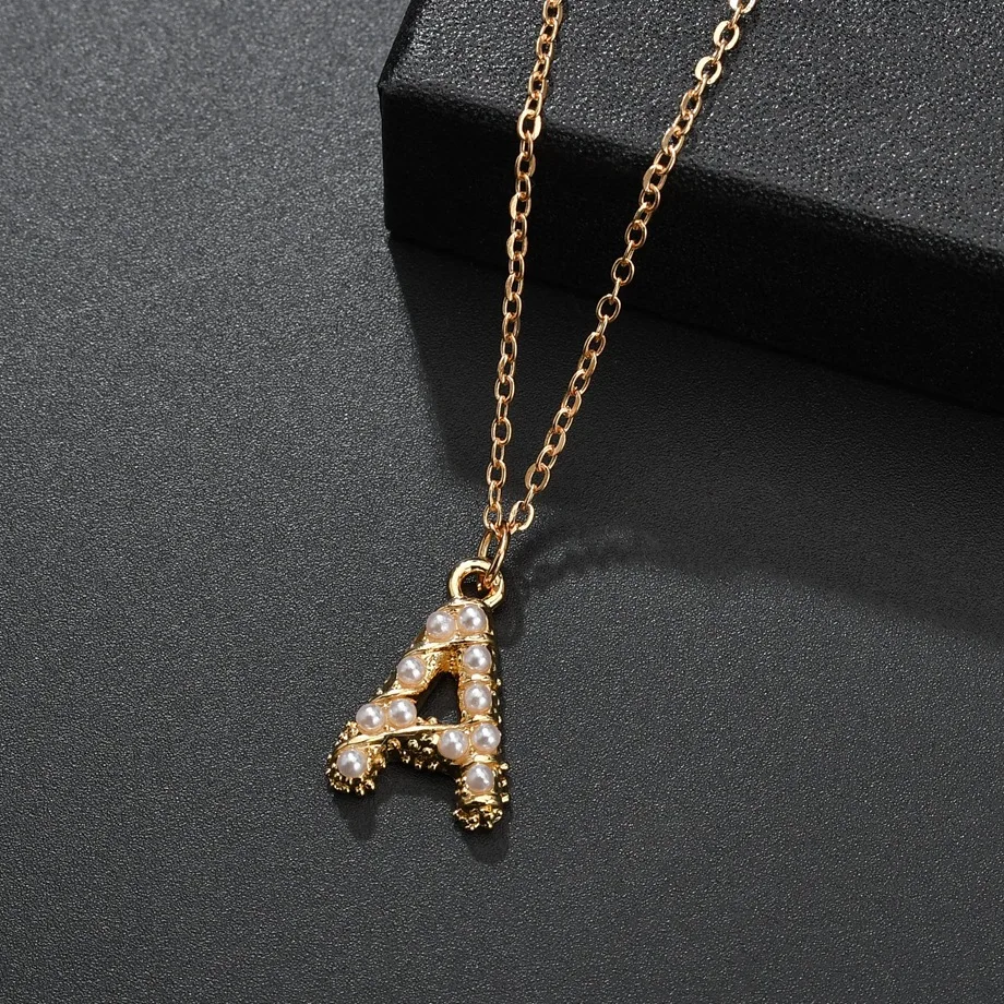 

New Gold Color Simulated Pearls Letter Necklace for Women Alphabet Initial Guitar Instrument Pendant Necklace Party Boho Jewelry