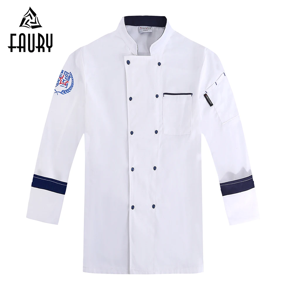 

Unisex Double Breasted Spliced Color Embroidery Chef Jacket Kitchen Cook Workwear Coat Food Service Long Sleeve Uniform Overalls