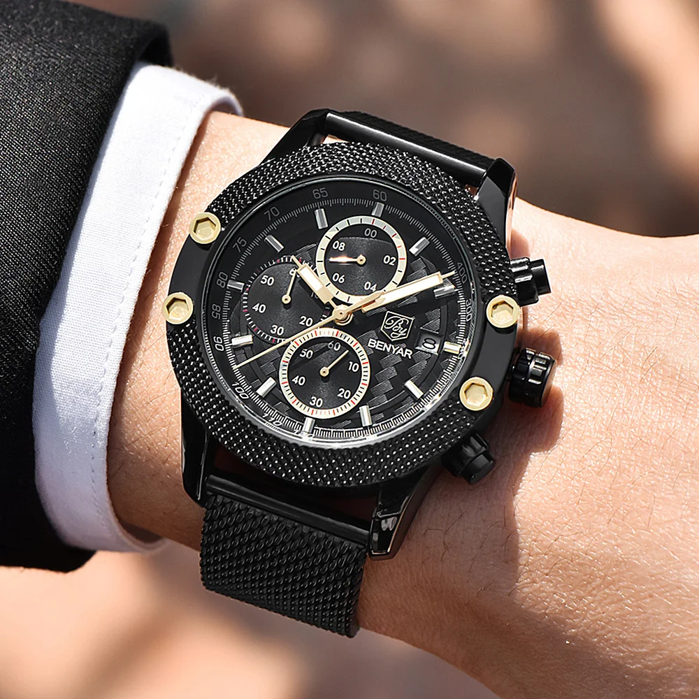 Ceny BENYAR zegarek męski kwarcowy chronograf zegarki biznes zegar siatka stalowa zegarki na rękę pasek stalowy wodoodporny zegarek mężczyźni Saat