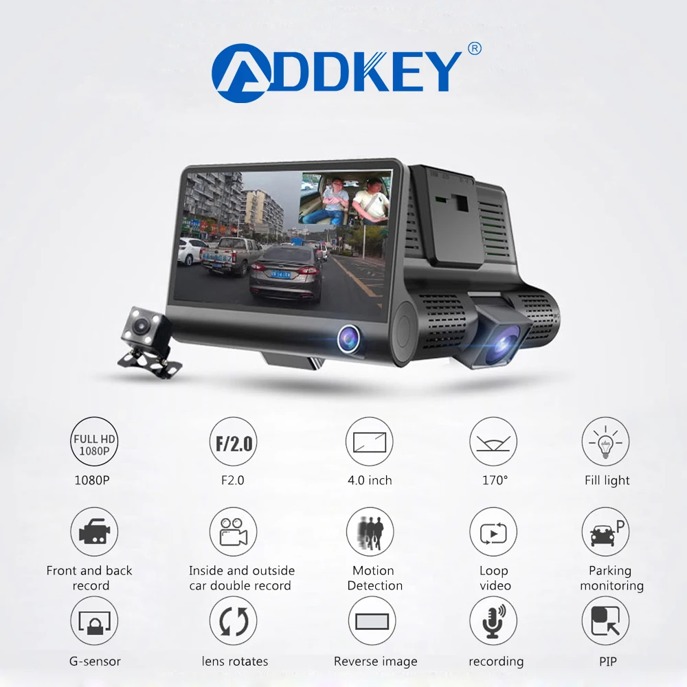 Автомобильный видеорегистратор ADDKEY 3 камеры s 4 0 дюйма двойной объектив с камерой