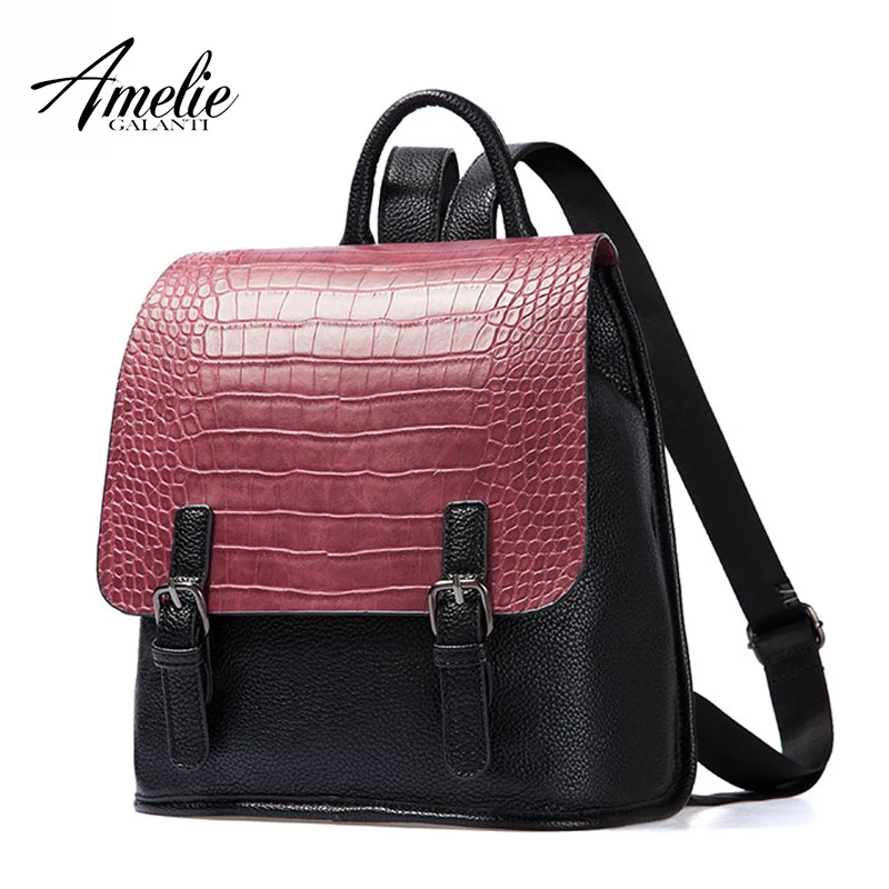 

AMELIE GALANTI Women's Fashion Casual Backpack with Flap Crocodile PU Leather Simply Design Large School Bag with Zipper