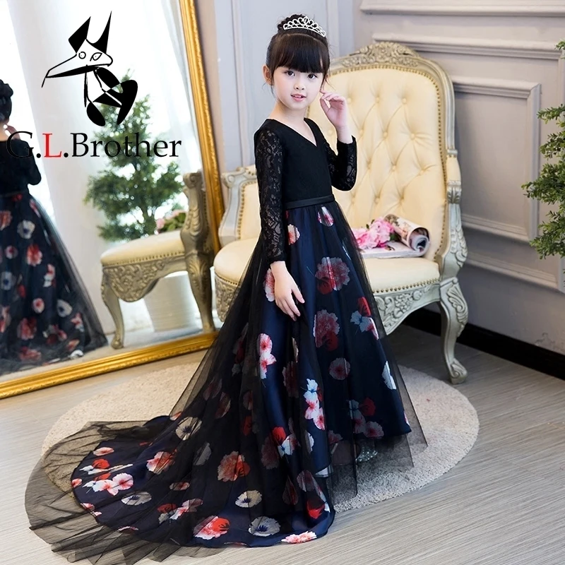 

Black Luxury Long Tailing Flower Princess Dress Ball Gown Girls Holy Communion Dress Kids Pageant Dress For Birthday Wedding M24