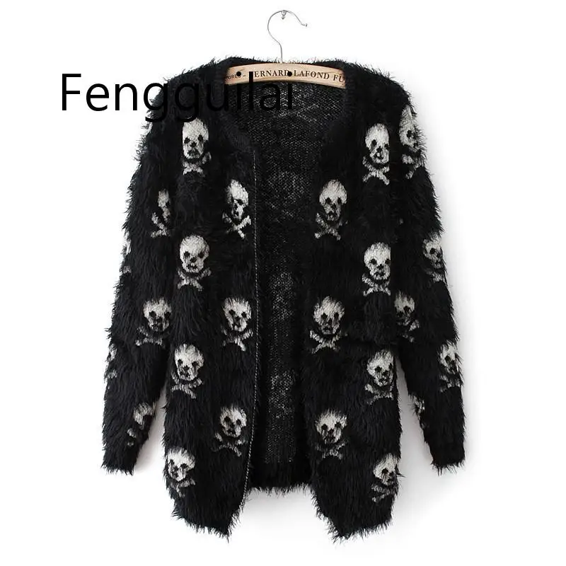 

Women Cardigans Sweater Skull Pattern Female Mohair Knitted Cardigans Black White Autumn Cardigans Sweater For Women