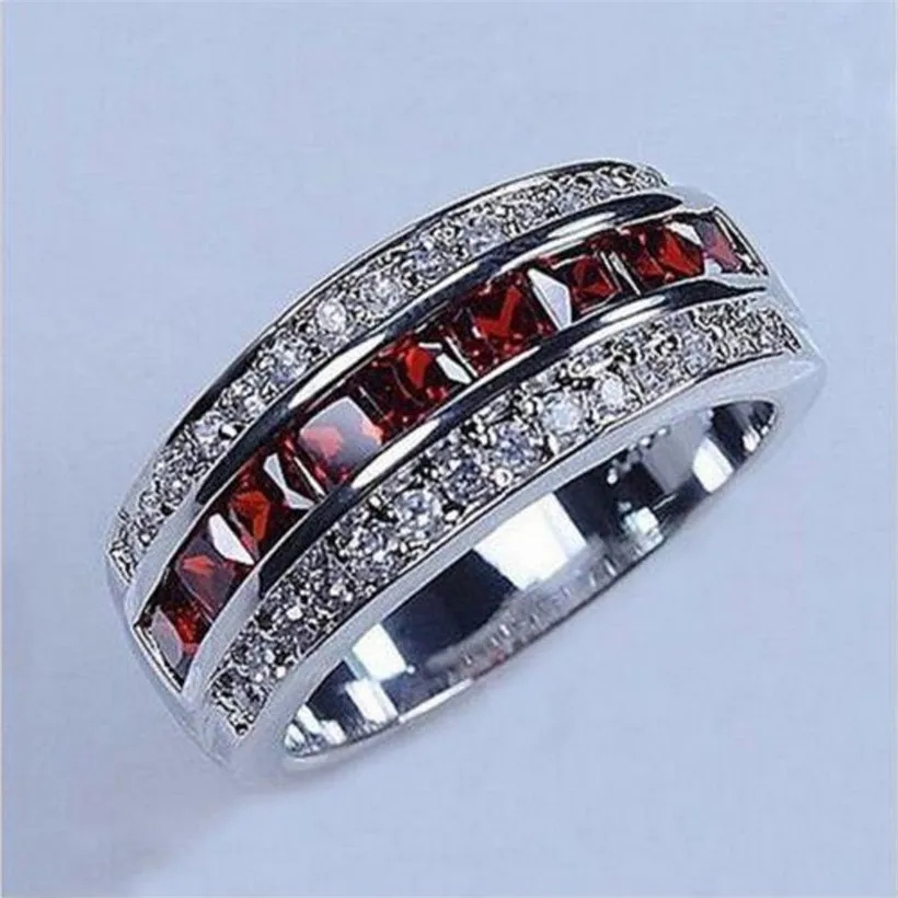 

Size 7,8,9,10,11,12 Fashion Jewelry 10KT Gold filled Princess-cut Garnet CZ Side Stone Wedding Bands Rings for Women Men