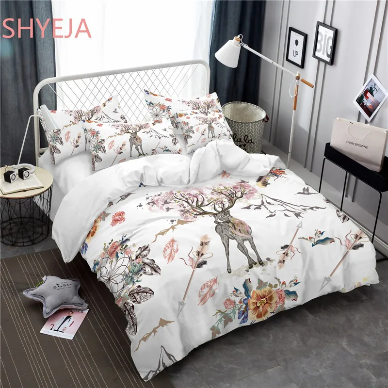 

SHYEJA Beautiful Pink Deer Pattern Bedding Set Bohemian Printed Feather Bed Linens Set Queen King Size Duvet Cover Set Sheets