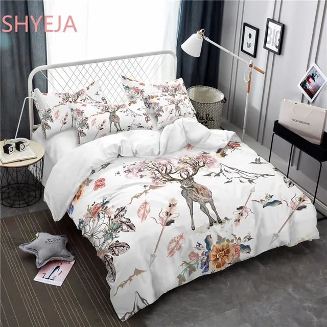 Shyeja Beautiful Pink Deer Pattern Bedding Set Bohemian Printed Shyeja Beautiful Pink Deer Pattern Bedding Set Bohemian Printed Feather Bed Linens Queen King Size Duvet Cover Sheets