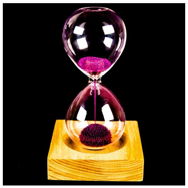 Hot Sale wood+ glass+ iron powder sand iron flowering magnetic hourglass with packaging hourglass 13.5* 5.5cm wooden seat 8