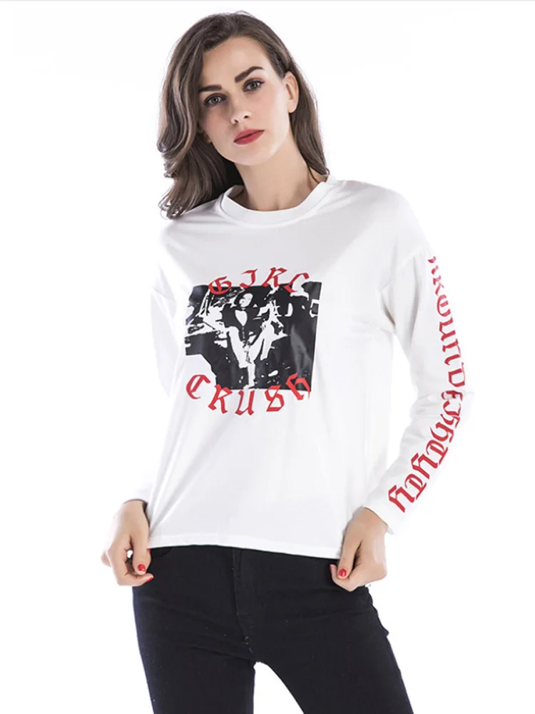 

2019 Fashion Spring New Casual Sweatshirts Women Head Round Neck Pullovers Personalized Print Female Loose Sweatshirts Short Top