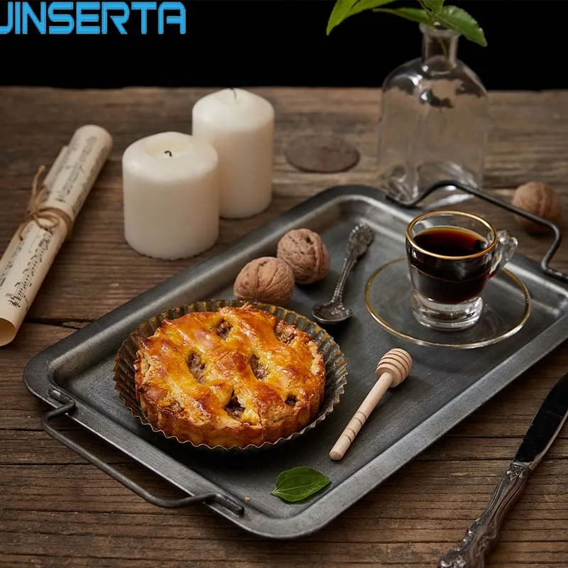 

JINSERTA Metal Serving Tray Retro Dessert Bread Snack Nuts Plate with Handle Home Restaurant Hotel Cafe Decor Tray Shooting Prop