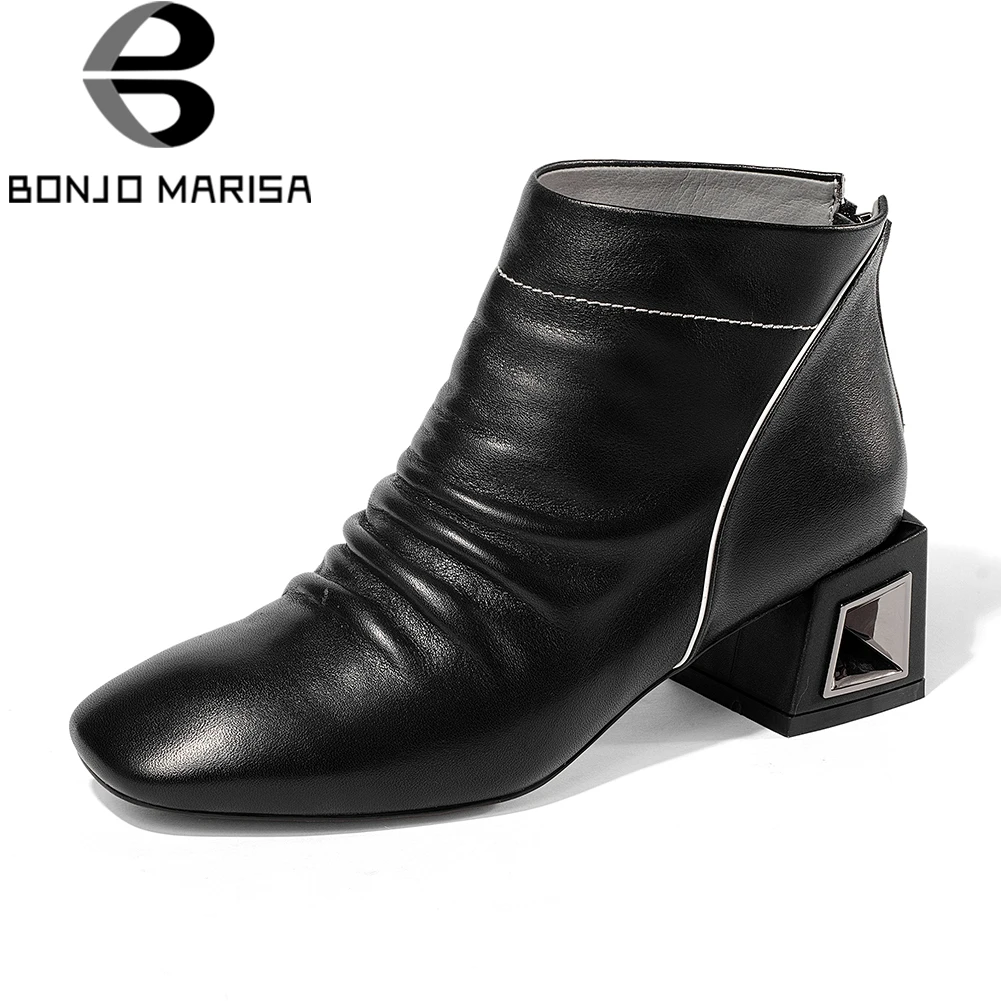 

BONJOMARISA Brand High Quality Genuine Leather Ankle Boots Women Autumn Winter 2019 Large Size 33-43 Med Heels Shoes Woman 5 Cm