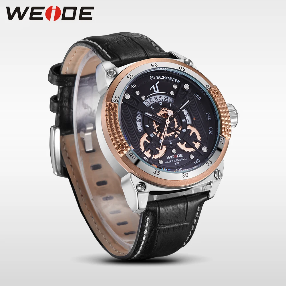 

WEIDE Luxury Quartz Movement Black Leather Strap Gold Fashion Design Multiple Time Zone Mens Sports Water Resistant Wristwatch