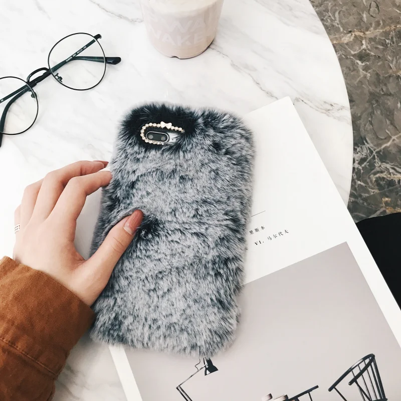 Cases For iPhone X Xs Max Xr Cover Luxury Fluffy Rabbit Fur (11)