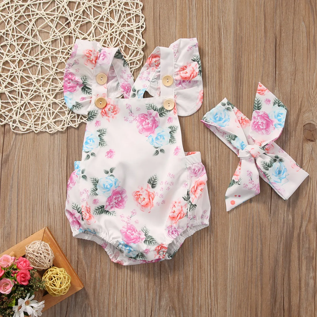

2017 Cute Floral Baby Girls Summer Ruffles Sleeve Print Sunsuit Clothes+ Headband Set Size 0-24M
