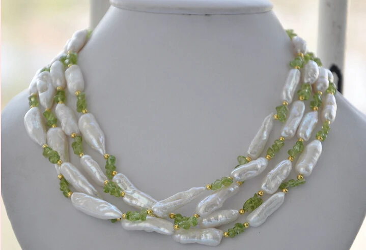 

FREE shipping>>>>Z5967 4strands 23mm white biwa freshwater pearl green crystal necklace 19inch 6.07