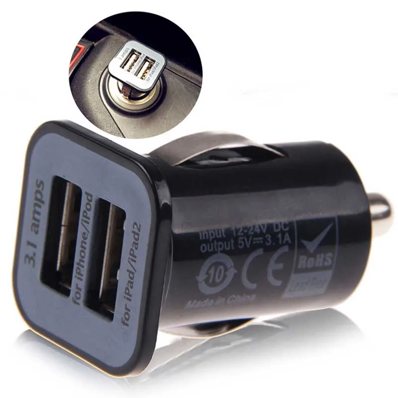 

Universal Black Dual Double USB Port Car Charger with Logo For iPhone Samsung Cell Mobile Phone Charger