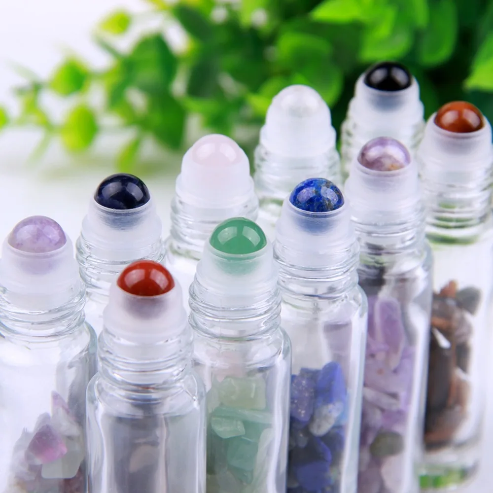 

10pcs Natural Stones Healing Crystal Chips Gemstone Roller Ball Essential Oil Bottles Transparent Glass 10ml